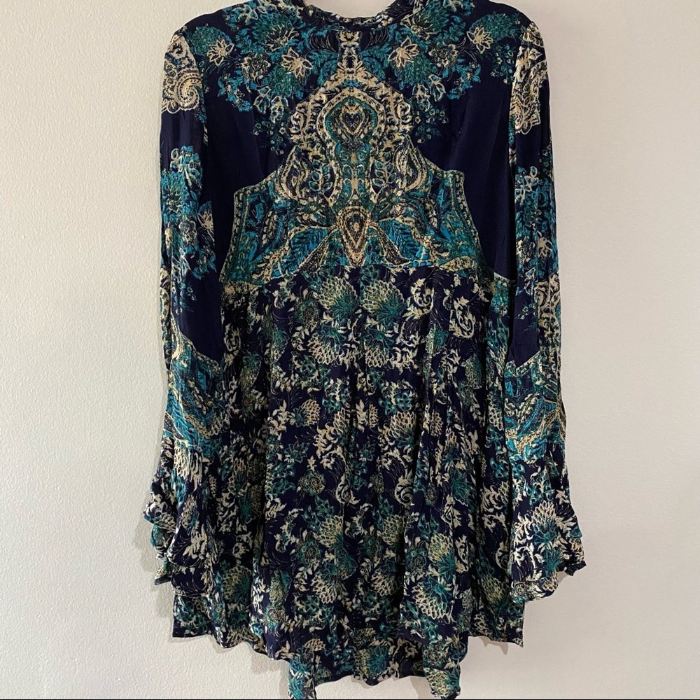 Free People Lady Luck Tunic Top,Size M Blue Teal Floral, Long Sleeve,Back Cutout